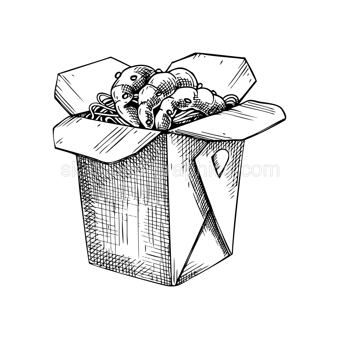 Noodles with shrimps in paper box. Asian cuisine meal sketch. Vintage fast food drawing. Food delivery design element. Take away box package Illustration